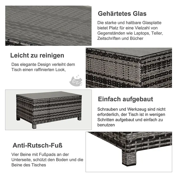 Outsunny Garten-Loungetisch - Metall, PE-Rattan, gehärtetes Glas, Grau - Dunkelgrauer Rattan-Couchtisch für den Außenbereich mit gehärteter Glasplatte.