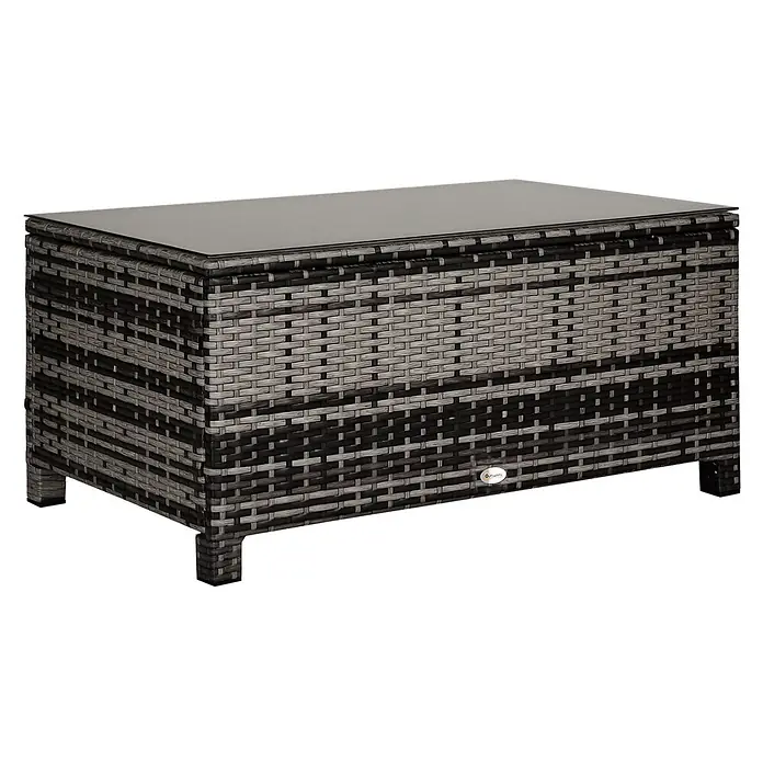 Outsunny Garten-Loungetisch - Metall, PE-Rattan, gehärtetes Glas, Grau - Grau-schwarze Outdoor-Aufbewahrungsbox aus geflochtenem Rattan mit dunkler Glasplatte und kurzen Beinen.