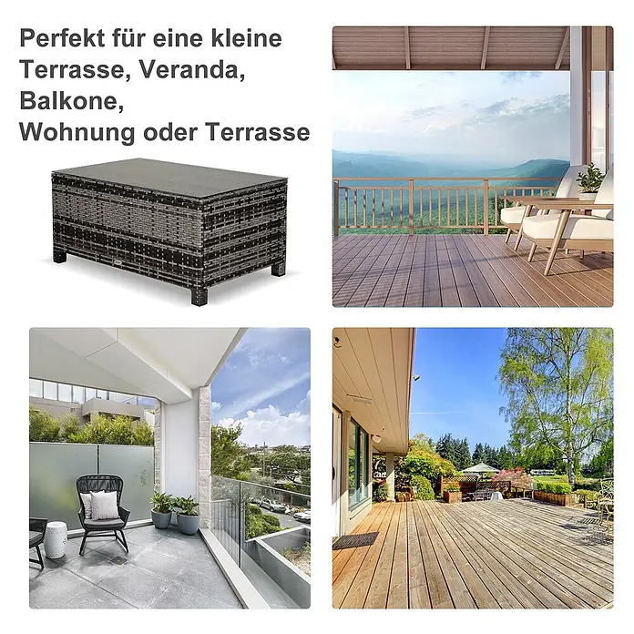 Outsunny Garten-Loungetisch - Metall, PE-Rattan, gehärtetes Glas, Grau - Grauer Rattan-Garten-Couchtisch mit Glasplatte, ideal für kleine Terrassen, Veranden oder Balkone.
