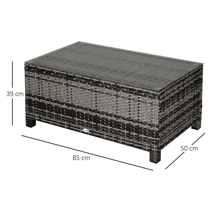 Outsunny Garten-Loungetisch - Metall, PE-Rattan, gehärtetes Glas, Grau - Rechteckiger Outdoor-Couchtisch in Grau/Schwarz mit Rattan-Optik und Glasplatte.
