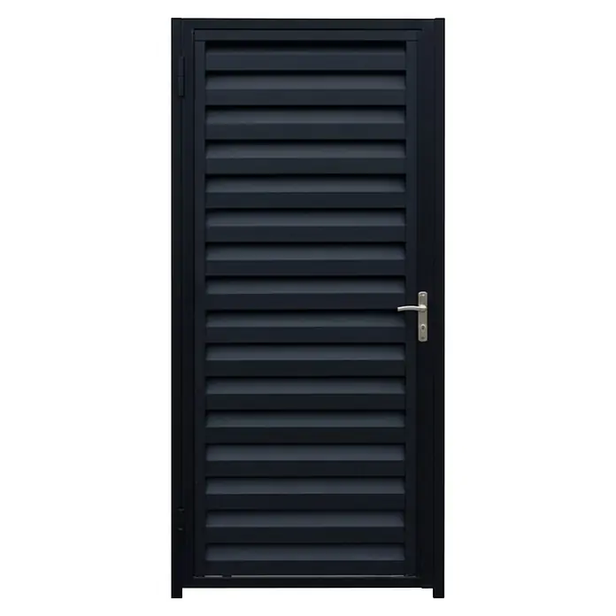 Puerta de valla Ventia - 100 x 200 cm, Antracita, Aluminio - Puerta de lamas gris oscuro con manija plateada.