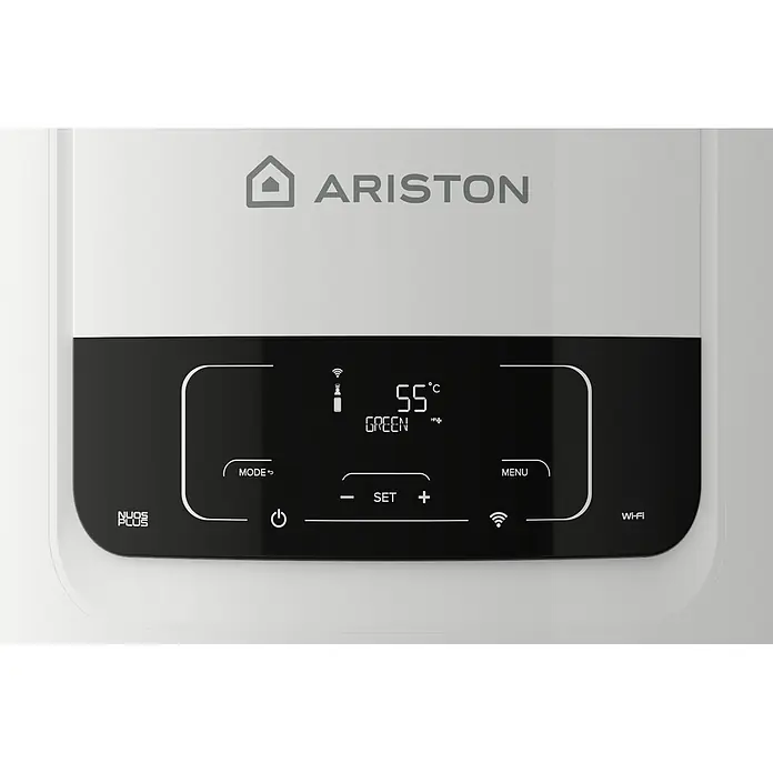 Ariston Bomba de calor para agua Nuos Plus S2 Wifi FS - 200 l, 1.800 W - Calentador de agua Ariston con panel de control blanco/negro. La pantalla digital muestra 55°C y modo 'GREEN', más botones táctiles para ajustes y Wi-Fi.