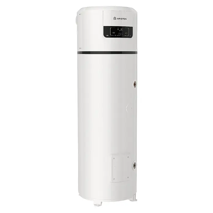 Ariston Bomba de calor para agua Nuos Plus S2 Wifi FS - 200 l, 1.800 W - Calentador de agua Ariston cilíndrico blanco con panel digital negro.