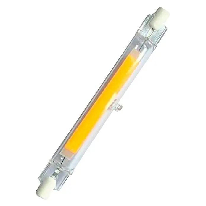 Garza Bombilla LED - E27, No regulable, Blanco neutro, 1.100 lm, 11 W - Imagen de una lámpara LED R7s clara y alargada con una fuente de luz amarilla. Es adecuada para una variedad de luminarias.