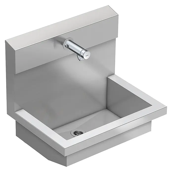 KWC Waschbecken KWC - B x L: 75 x 80 cm, Hahnloch: Ohne, Ohne Überlauf - Wandmontiertes Edelstahlwaschbecken mit integriertem Wasserhahn und Abfluss.