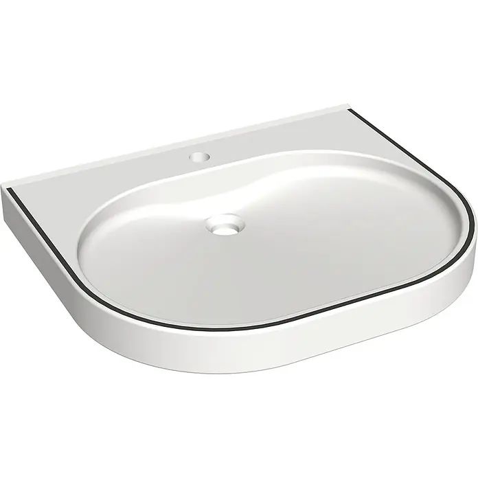 KWC Waschbecken KWC - B x L: 18 x 48 cm, Ohne Überlauf, Alpinweiß mit Farbstreifen - Weiße, viertelkreisförmige Duschwanne mit schwarzem Rand, Abluss und Hahnloch.