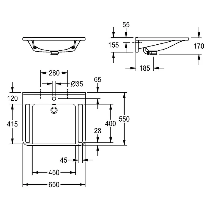 KWC Waschtisch - 18 x 74 cm, Mit Überlauf, Alpinweiß - Technische Zeichnung eines rechteckigen Waschbeckens mit Vorder-, Ober- und Seitenansicht samt Maßen.