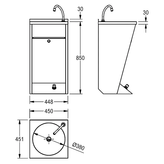 KWC Waschbecken KWC - B x L: 51 x 51 cm, Hahnloch: Rechts, Ohne Überlauf, Chromnickelstahl - Technische Zeichnung: kompaktes Standwaschbecken mit Unterschrank und Armatur, Vorder-, Seiten- und Draufsicht mit Maßen.