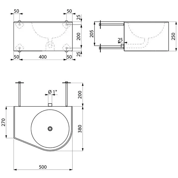Delabie Waschtisch Delabie WT DUO S TC R wandh. ohne Hahnloch Edst. 1.4301 satiniert - 40 x 60 cm, Hahnloch: Ohne, Ohne Überlauf - Technische Zeichnung eines wandmontierten Eckwaschbeckens mit Maßen.
