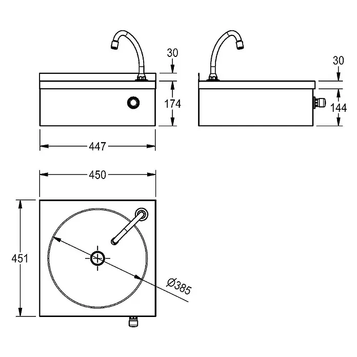 KWC Waschbecken KWC - B x L: 50 x 50 cm, Hahnloch: Rechts, Ohne Überlauf - Technische Zeichnung eines kompakten rechteckigen Waschbeckens mit integriertem Wasserhahn und Maßen.