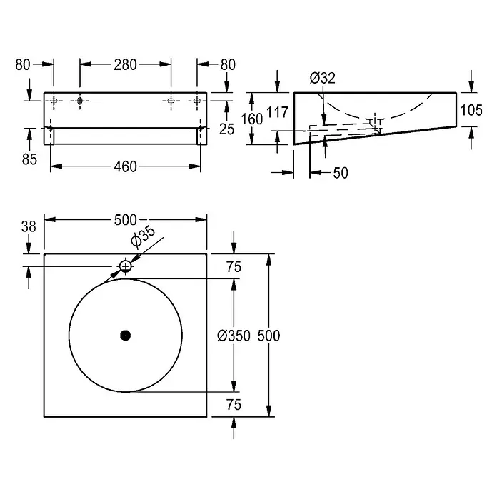 KWC Waschbecken KWC - B x L: 53 x 54 cm, Ohne Überlauf, Chromnickelstahl - Technische Zeichnung eines rechteckigen Waschbeckens mit runder Schale, inklusive Maßangaben.
