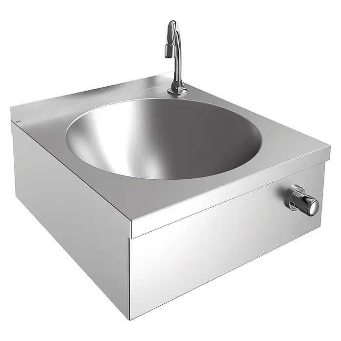 KWC Waschbecken KWC - B x L: 50 x 50 cm, Hahnloch: Rechts, Ohne Überlauf - Kompaktes Handwaschbecken aus Edelstahl mit integriertem Wasserhahn und seitlichem Bedienknopf.