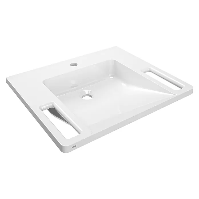 KWC Waschtisch - 17,5 x 68,7 cm, Ohne Überlauf, Alpinweiß - Weißes rechteckiges Waschbecken mit Hahnloch, Überlauf und zwei seitlichen Griffen/Handtuchhaltern.