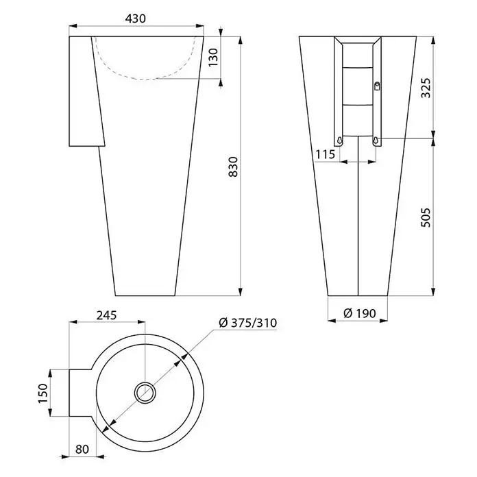Delabie Waschbecken Delabie - Hahnloch: Ohne, Ohne Überlauf, Edelstahl - Technische Zeichnung eines modernen, konischen Standwaschbeckens mit integrierter Schale und Installationsdetails.