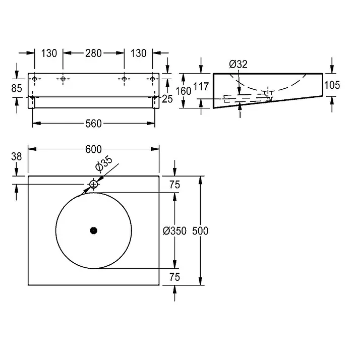 KWC Waschbecken KWC - B x L: 58 x 62 cm, Ohne Überlauf - Technische Zeichnung eines rechteckigen Waschbeckens mit integriertem Becken, Maße und Montagendetails zeigend.