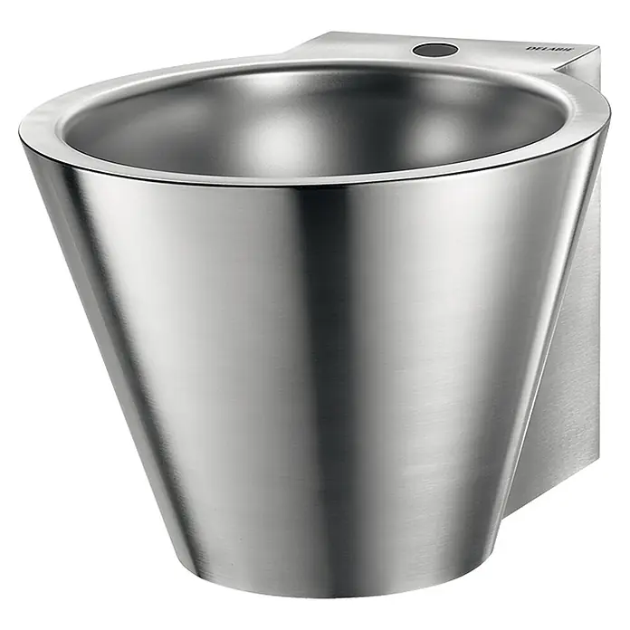 Delabie Waschbecken Delabie - Hahnloch: Mitte, Ohne Überlauf, Edelstahl - Wandmontiertes konisches Edelstahl-Urinal mit gebürsteter Oberfläche und Sensor.