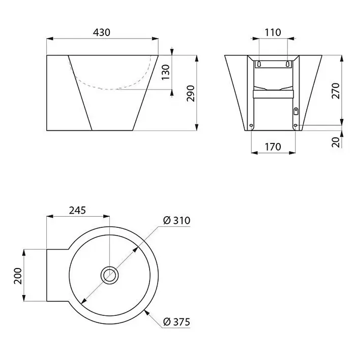 Delabie Waschbecken Delabie - Chrom - Technische Zeichnung eines Waschbeckens mit Maßen (Vorder-, Seiten-, Draufsicht).
