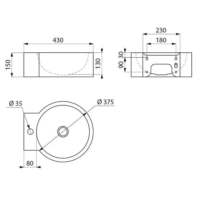 Delabie Waschtisch Delabie WT REDO Hahnloch D35 mittig ohne Überlauf Edst. 1.4301 sat. - 18,5 x 36,5 cm, Hahnloch: Mitte, Ohne Überlauf - Technische Zeichnung eines wandhängenden Waschbeckens mit Hahnloch, mit Maßen.