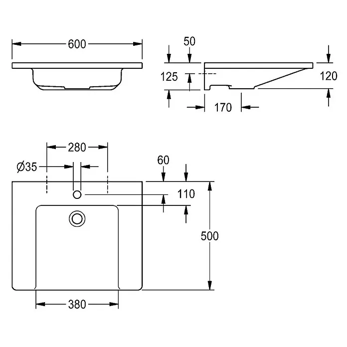 KWC Waschtisch KWC AR Einzelwaschtisch, EXOS, MIRANIT, 600x125x500 mm, weiß, Hahnloch - 17,5 x 68,7 cm, Hahnloch: Mitte, Ohne Überlauf, Alpinweiß - Rechteckiges Waschbecken mit detaillierten Maßen für Wasserhahn- und Abflusslöcher, bereit zur Badinstallation.