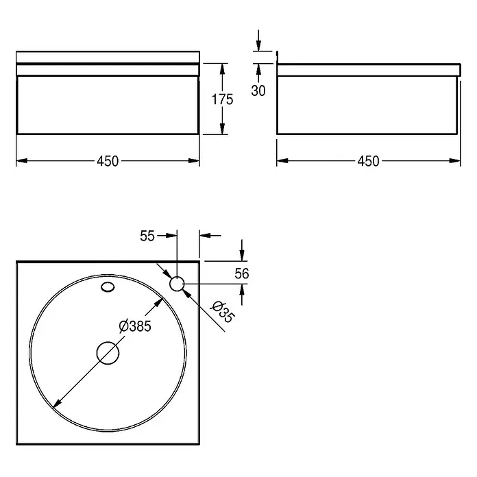KWC Waschbecken KWC - B x L: 51 x 51 cm, Hahnloch: Rechts, Mit Überlauf - Technische Zeichnung eines wandhängenden Waschtischunterschranks mit integriertem Becken und Maßen.