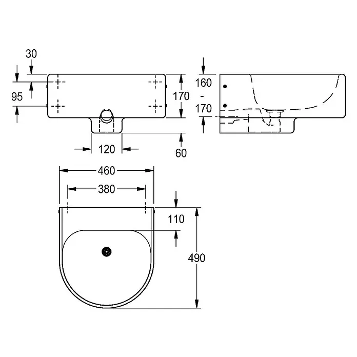 KWC Waschbecken KWC - B x L: 28 x 59 cm, Hahnloch: Ohne, Ohne Überlauf - Technische Zeichnung mit Maßen eines wandhängenden Waschbeckens. Zeigt Draufsicht, Vorderansicht und Seitenansicht mit Abmessungen.