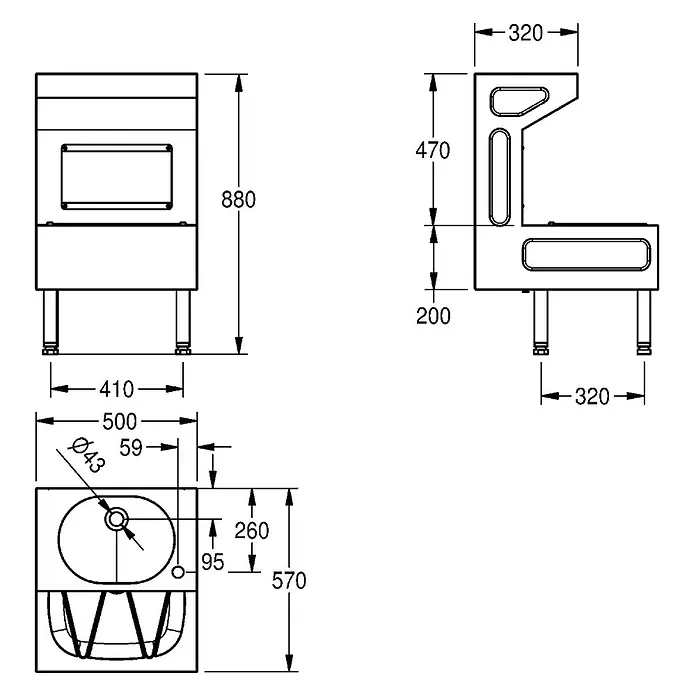 KWC Waschbecken KWC - B x L: 70 x 64 cm, Ohne Überlauf, Chromnickelstahl - Technische Zeichnung einer kompakten Industriespüleinheit mit Unterschrank und verstellbaren Füßen, Vorder-, Seiten- und Draufsicht.