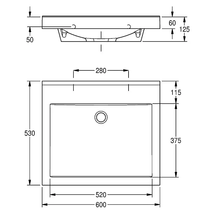 KWC Waschbecken KWC - B x L: 24 x 83,5 cm, Hahnloch: Ohne, Ohne Überlauf, Alpinweiß - Technische Zeichnung eines weißen Keramik-Waschbeckens, mit Ober- und Seitenansicht inklusive Maßen zur Installation.