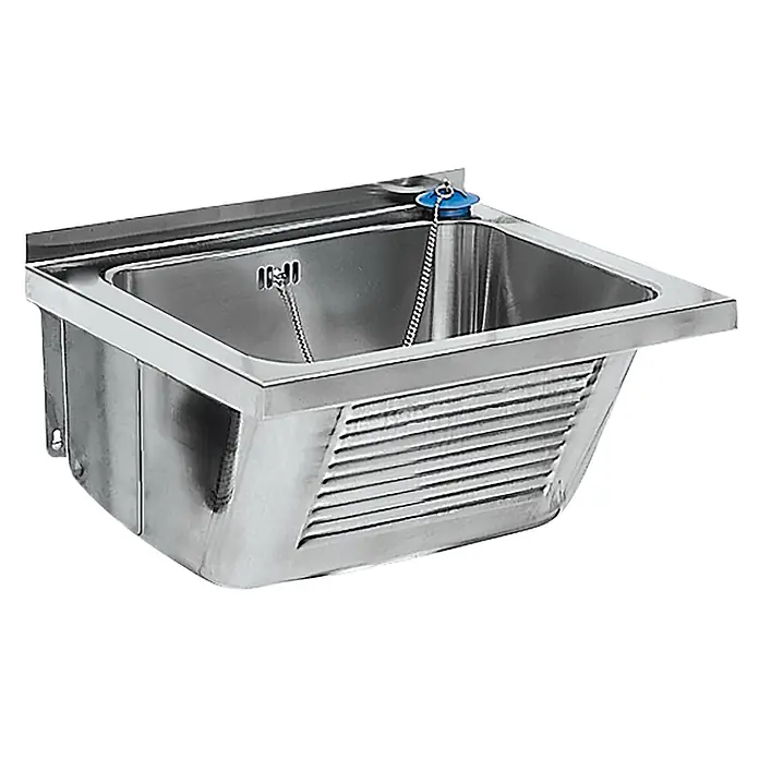 KWC Waschbecken KWC - B x L: 30 x 63 cm, Hahnloch: Mitte, Mit Überlauf, Silber - Wandmontiertes Edelstahl-Handwaschbecken mit Ablaufstöpsel und gerippter Front.