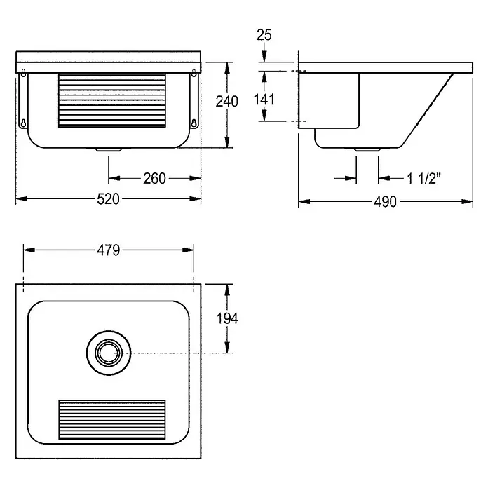 KWC Waschbecken KWC - B x L: 30 x 63 cm, Hahnloch: Mitte, Mit Überlauf, Silber - Technische Zeichnung eines rechteckigen Einzelbeckens, mit Vorder-, Seiten- und Draufsicht sowie Maßen.