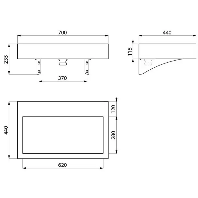 Delabie Aufsatzwaschbecken Delabie - 14,5 x 48 cm, Hahnloch: Ohne, Ohne Überlauf, Schwarz Matt - Technisches Zeichnung eines wandmontierten Waschbeckens, 700x440x235mm, mit Innenbecken 620x280mm.