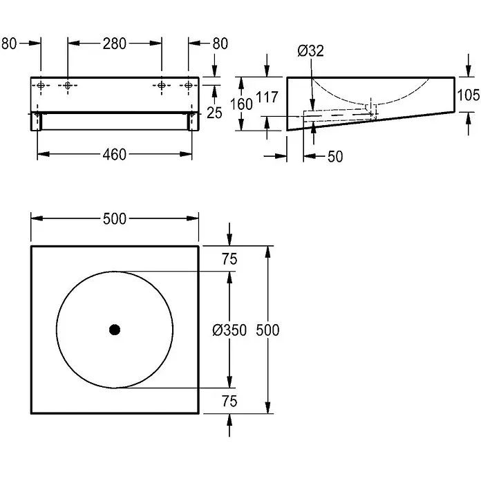 KWC Waschtisch KWC AR Einzelwaschtisch, ANIMA, Edelstahl, 500x160x500 mm, ohne Hahnloch - 53 x 53 cm, Hahnloch: Ohne, Ohne Überlauf, Chromnickelstahl - Technisches Diagramm eines rechteckigen Waschbeckens mit runder Schale, das Abmessungen zeigt.