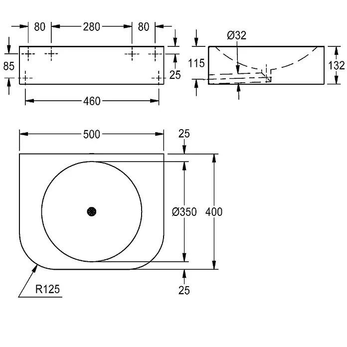 KWC Waschtisch KWC AR Einzelwaschtisch, ANIMA, Edelstahl, 500x132x400 mm, ohne Hahnbank - 21 x 51 cm, Hahnloch: Ohne, Ohne Überlauf - Technische Zeichnung eines rechteckigen Waschbeckens mit abgerundeter Ecke, Maßen, einer Ø350 Schale und einem Ø32 Abfluss.