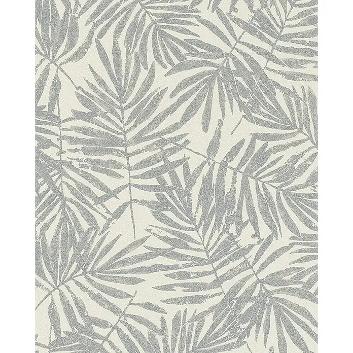 Marburg La Veneziana IV Vliestapete Palmenblätter - Grau/Beige, Floral, 10,05 x 0,53 m - Detailaufnahme eines Textilmusters mit üppigen, grauen Palmwedeln auf hellem Grund, ideal für moderne Dekorationen.