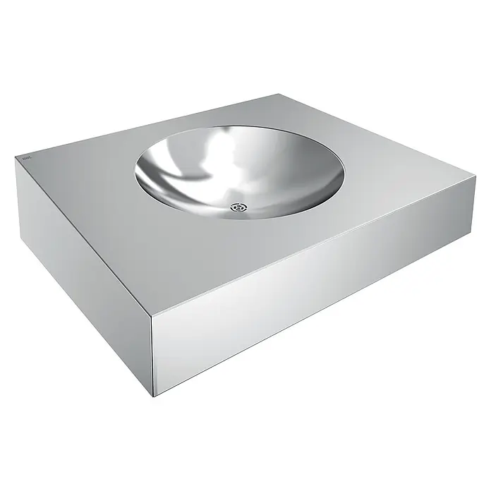 KWC Waschtisch KWC AR Einzelwaschtisch, ANIMA, Edelstahl, 600x160x500 mm, ohne Hahnloch - 58 x 62 cm, Hahnloch: Ohne, Ohne Überlauf, Chromnickelstahl - Rechteckiges Edelstahl-Waschbecken mit integriertem Rundbecken und Abfluss. Modernes, schlankes Design.