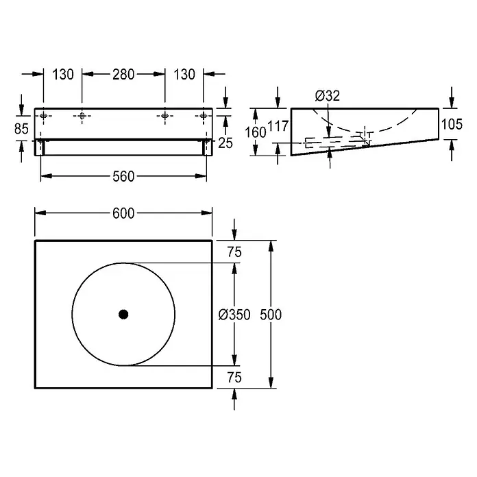 KWC Waschtisch KWC AR Einzelwaschtisch, ANIMA, Edelstahl, 600x160x500 mm, ohne Hahnloch - 58 x 62 cm, Hahnloch: Ohne, Ohne Überlauf, Chromnickelstahl - Technische Zeichnung eines rechteckigen Waschbeckens mit zentraler runder Schale und Abfluss, mit Maßen und Montagendetails.