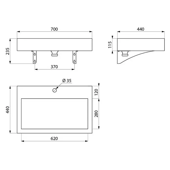 Delabie Waschbecken Delabie - B x L: 14,5 x 48 cm, Hahnloch: Mitte, Schwarz Matt - Technische Zeichnung eines rechteckigen Waschbeckens, 700x440mm, mit Front-, Seiten- und Draufsicht und Maßen.