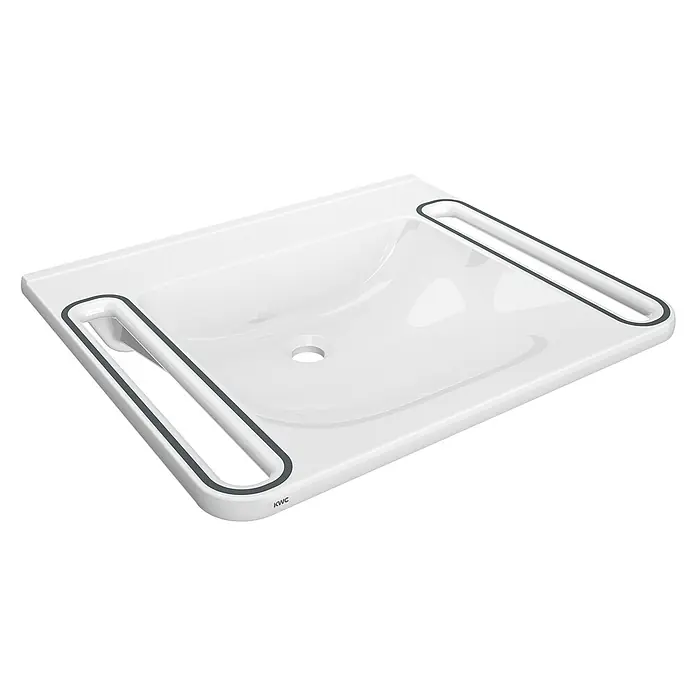 KWC Waschtisch - 18 x 74 cm, Hahnloch: Ohne, Ohne Überlauf, Alpinweiß - Weißes rechteckiges Waschbecken mit dunkelgrau umrandeten Seitenöffnungen.