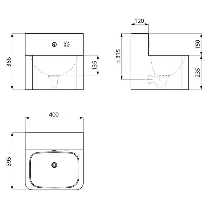 Delabie Waschtisch Delabie WT TEK wandh. mit integr. elektron. Armatur Edst. 1.4301 sat - 40 x 60 cm - Technische Zeichnung eines kompakten rechteckigen Keramik-Waschbeckens mit Maßen.