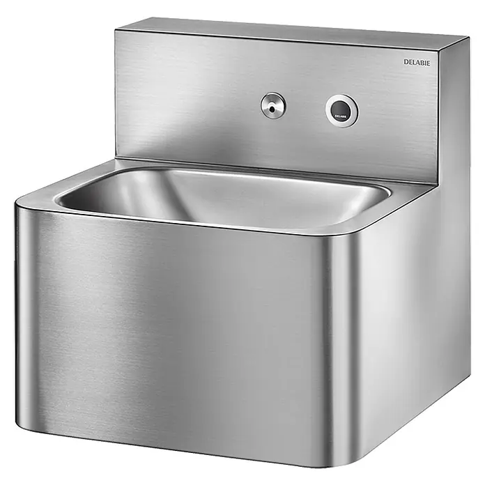 Delabie Waschtisch Delabie WT TEK wandh. mit integr. elektron. Armatur Edst. 1.4301 sat - 40 x 60 cm - Wandmontiertes Edelstahl-Waschbecken mit integriertem Sensorhahn.