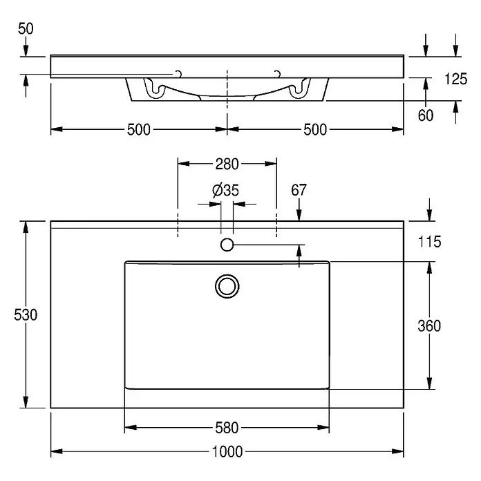 KWC Waschtisch - 63 x 112 cm, Ohne Überlauf, Alpinweiß - Technische Zeichnung eines rechteckigen Waschtisches mit detaillierten Maßen.