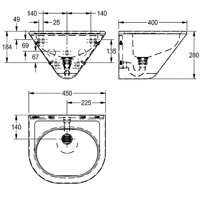 KWC Waschbecken KWC - B x L: 30 x 42 cm, Hahnloch: Ohne, Ohne Überlauf - Technische Zeichnung eines wandmontierten Waschbeckens mit Maßen (Vorder-, Seiten- und Draufsicht).