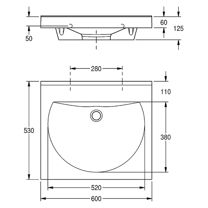 KWC Waschbecken KWC - B x L: 15 x 65 cm, Ohne Überlauf, Alpinweiß - Technische Zeichnung eines rechteckigen Waschbeckens mit integriertem Becken, Draufsicht und Seitenansicht mit Maßen.