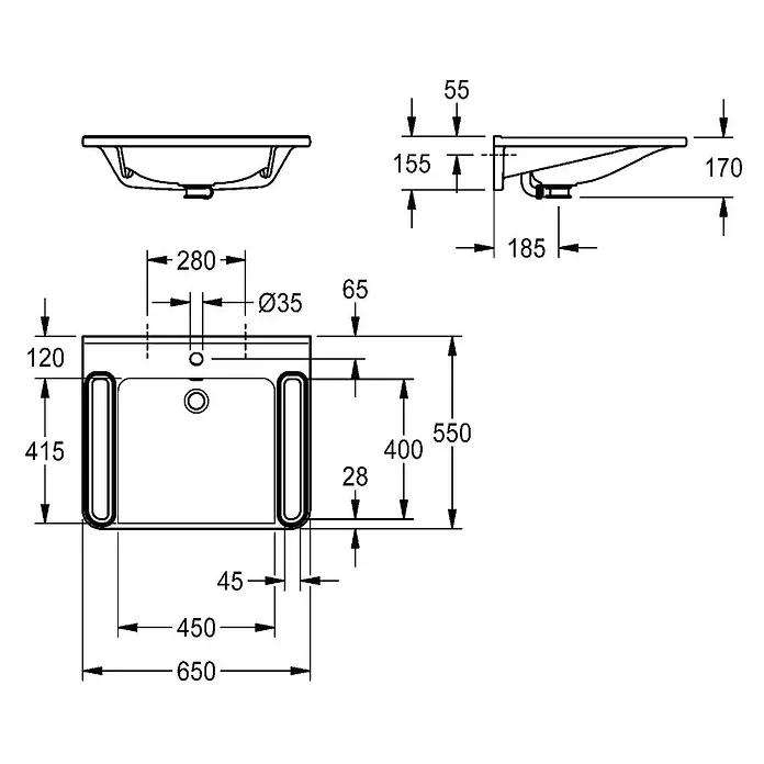 KWC Waschtisch - 18 x 74 cm, Mit Überlauf, Alpinweiß - Technische Zeichnung eines rechteckigen Waschbeckens mit Maßangaben für die Installation, inklusive Ober-, Vorder- und Seitenansicht.