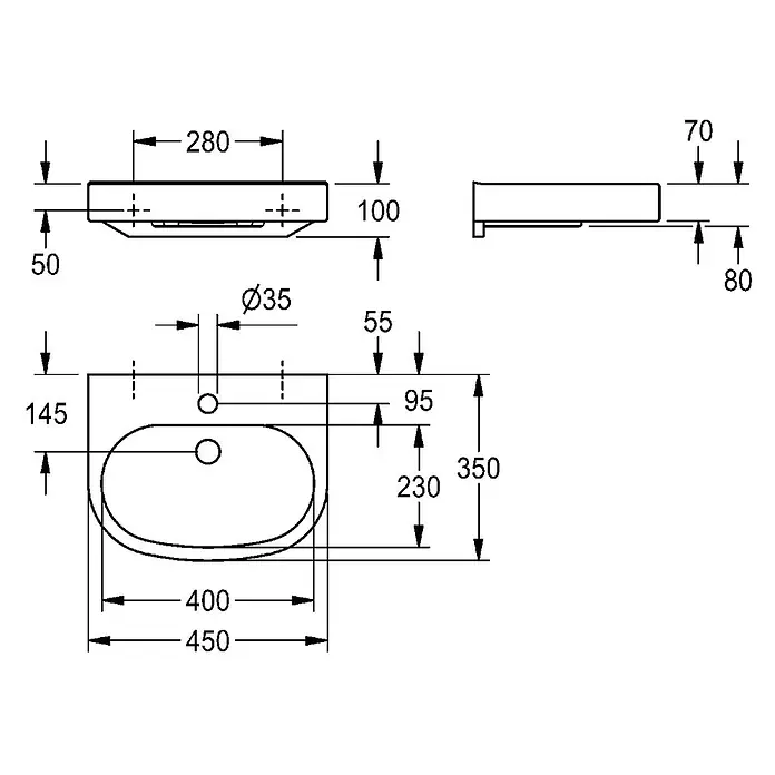 KWC Waschtisch KWC AR Waschtisch, VARIUScare, MIRANIT, 450x120x350 mm, barrierefrei - 18 x 53 cm, Hahnloch: Ohne, Ohne Überlauf, Alpinweiß - Technische Zeichnung eines Waschbeckens mit detaillierten Maßen für Breite, Tiefe, Höhe und Hahn-/Ablaufbohrungspositionen.