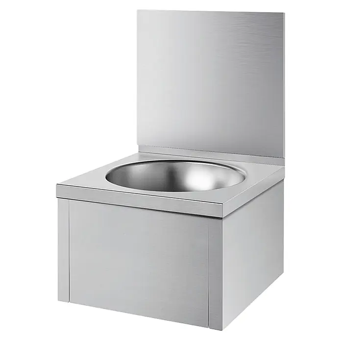 Delabie Waschtisch Delabie Waschtisch SXS o. Armatur mit Rückwand Edst. 1.4301 satiniert - Hahnloch: Ohne - Edelstahl-Handwaschbecken mit integriertem Spritzschutz. Ideal für Hygiene in gewerblichen Umgebungen.