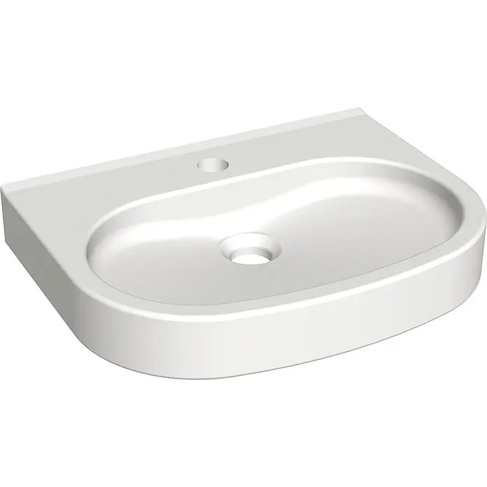 KWC Waschtisch KWC AR Waschtisch, VARIUScare, MIRANIT, 450x120x350 mm, barrierefrei - 18 x 53 cm, Hahnloch: Ohne, Ohne Überlauf, Alpinweiß - Weißes Keramik-Waschbecken mit Hahnloch und Abfluss.