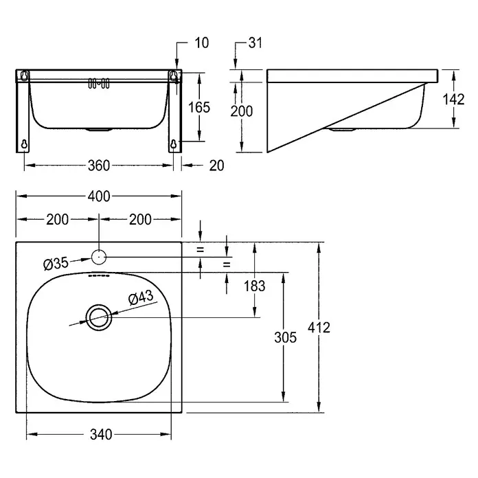 KWC Waschtisch - 26 x 46 cm, Mit Überlauf - Technisches Zeichnung eines rechteckigen Waschbeckens mit Maßen, Abfluss- und Hahnlöchern.