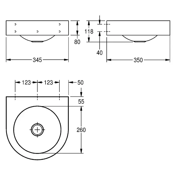 KWC Waschtisch KWC AR Einzelwaschtisch, ANIMA, Edelstahl, 345x118x350 mm, halbrund - 30 x 45,5 cm, Hahnloch: Ohne, Ohne Überlauf - Technische Zeichnung eines kompakten, rechteckigen Waschbeckens mit integrierter Schale und Hauptmaßen.