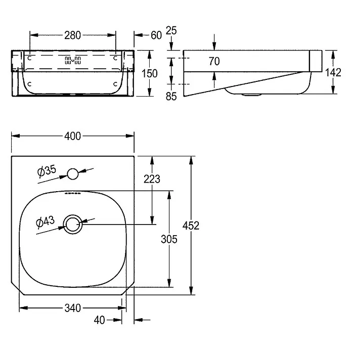 KWC Waschtisch - 47 x 51 cm, Hahnloch: Rechts, Mit Überlauf, Chromnickelstahl - Technische Zeichnung eines rechteckigen Waschbeckens mit Maßen: 400mm Breite, 452mm Tiefe, 142mm Höhe, Ø35 Hahnloch, Ø43 Abfluss.