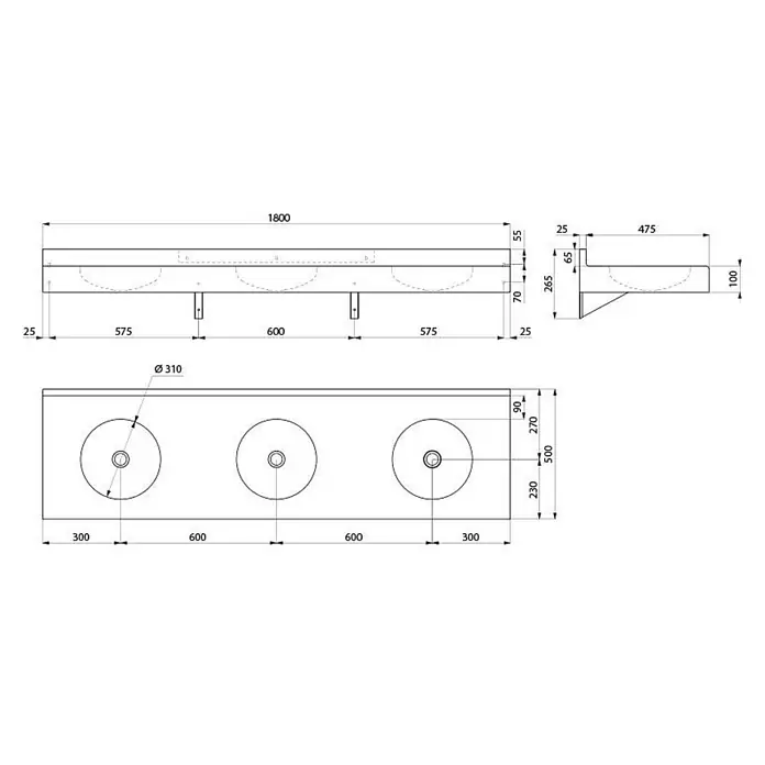 Delabie Waschtisch Delabie Reihen-WT TRIPLO RP 3 Plätze o.Hl o.Überlauf Edst 1.4301 sat - 13 x 52,5 cm, Hahnloch: Ohne, Ohne Überlauf - Technische Zeichnung einer Dreifach-Waschbecken-Einheit mit Maßen für Vorder-, Seiten- und Draufsicht.